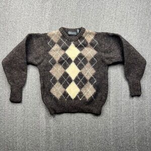 Christopher Hayes Sweater Women Medium Brown Argyle Crew Neck Long Sleeve Fuzzy